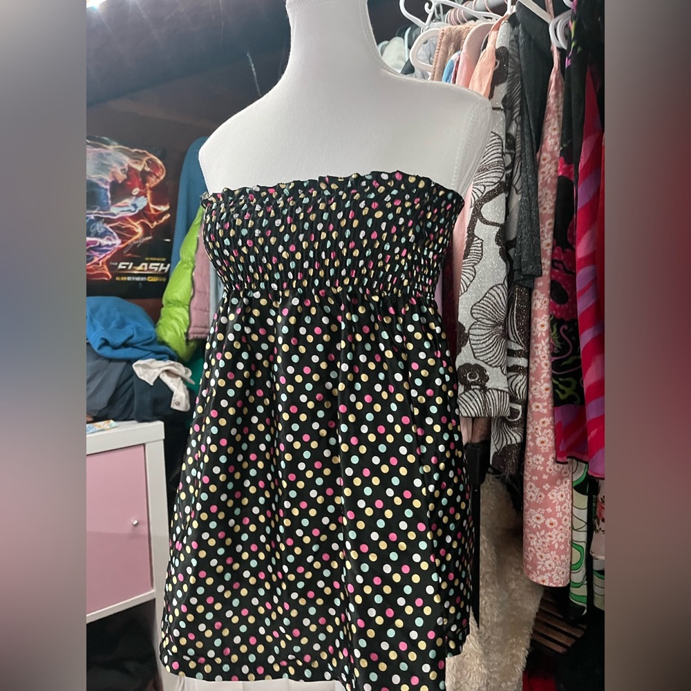 strapless polka dot mini dress